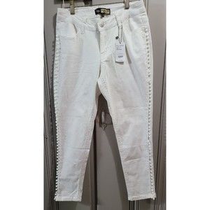 Suzanne Betro White Denim Jeans With Pom Pom Trim  Size 8 NEW w Tags